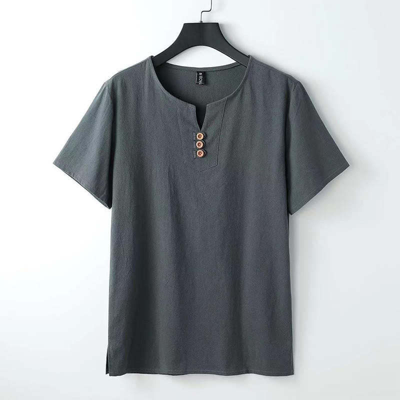 Solid Color V-neck Three Top Buttons Short Sleeve Cotton?linen Men's Shirt