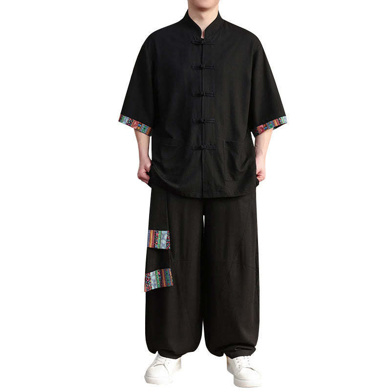 2Pcs Patchwork Chinese Frog-Button Shirt Wide Leg Pants Men's Meditation Cloth Set With Pockets