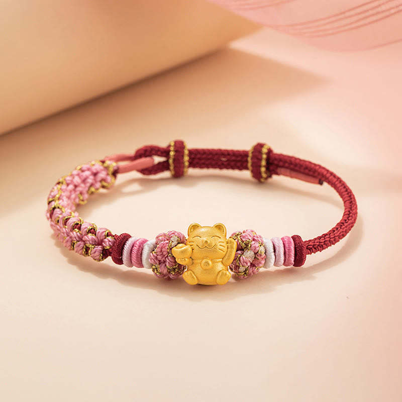 Handmade 999 Sterling Silver Fortune Cat Ingot Peach Blossom Luck?Red Rope Bracelet