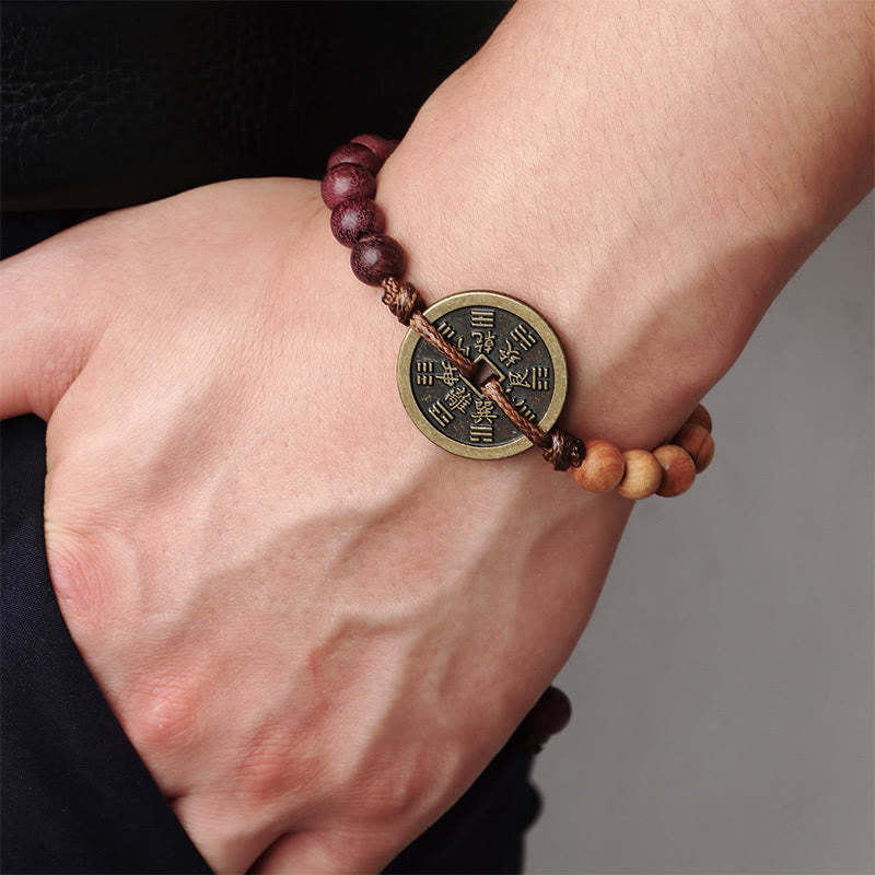 Ebony Wood Wenge Wood Mountain Ghosts Spend Money Bagua Copper Coin Peace Bracelet