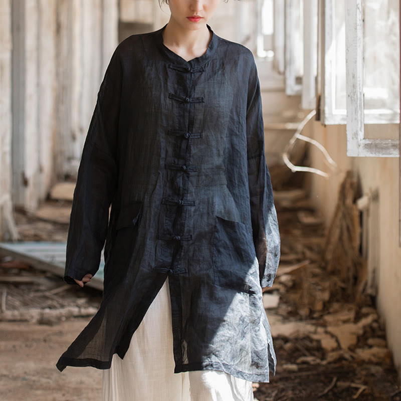 Black Frog-Button Long Sleeve Zen Meditation Jacket With Pockets