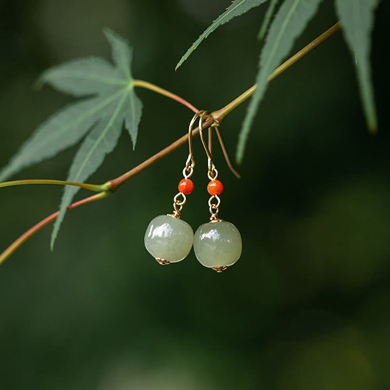 925 Sterling Silver 14K Gold Plated Hetian Jade Red Agate Luck Drop Dangle Earrings