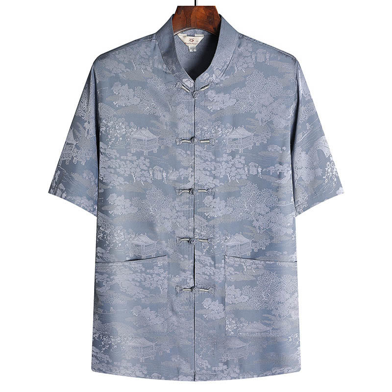 Pine Tree Pavilion Garden Tang Suit Hanfu Traditional Uniform Short Sleeve Top Pants Clothing Men's Set