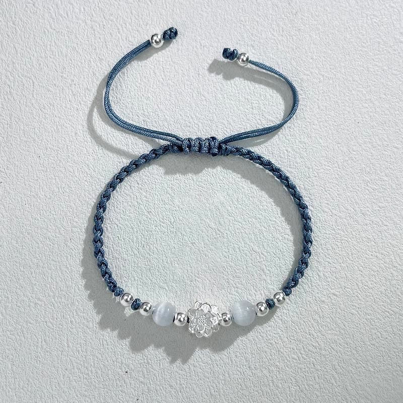 999 Sterling Silver Lotus Design Cat's Eye Bead Protection String Bracelet