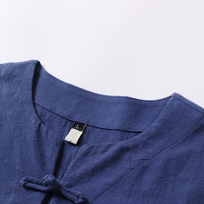 Solid Color Short Sleeve One Frog Button Cotton Linen Men's Shirt