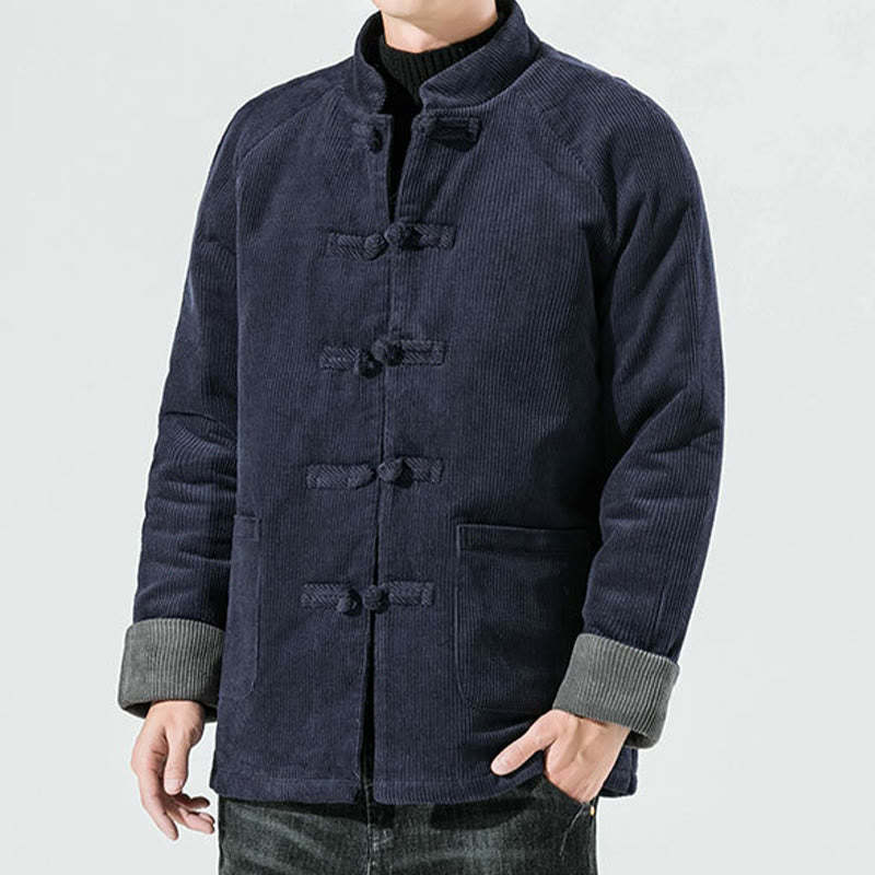 Frog-Button Chinese Tang Suit Stand Collar Long Shirt Corduroy Men Cotton Jacket Clothing