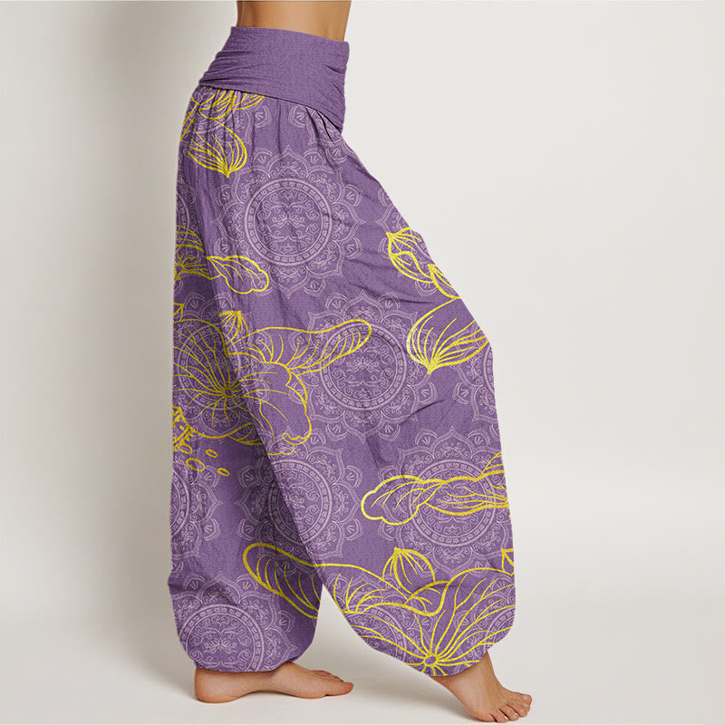 Golden Lotus Mandala Pattern Women's Elastic Waist Harem Pants