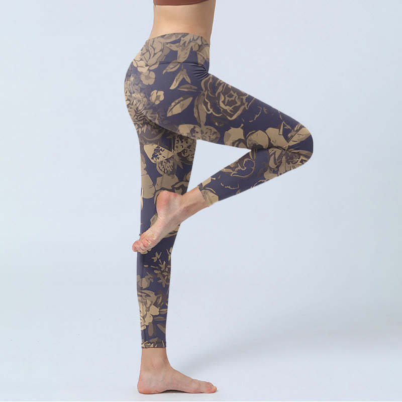 Peony Flowers Leaves Blossom Print Gym Fitness Leggings Women's Yoga Pants