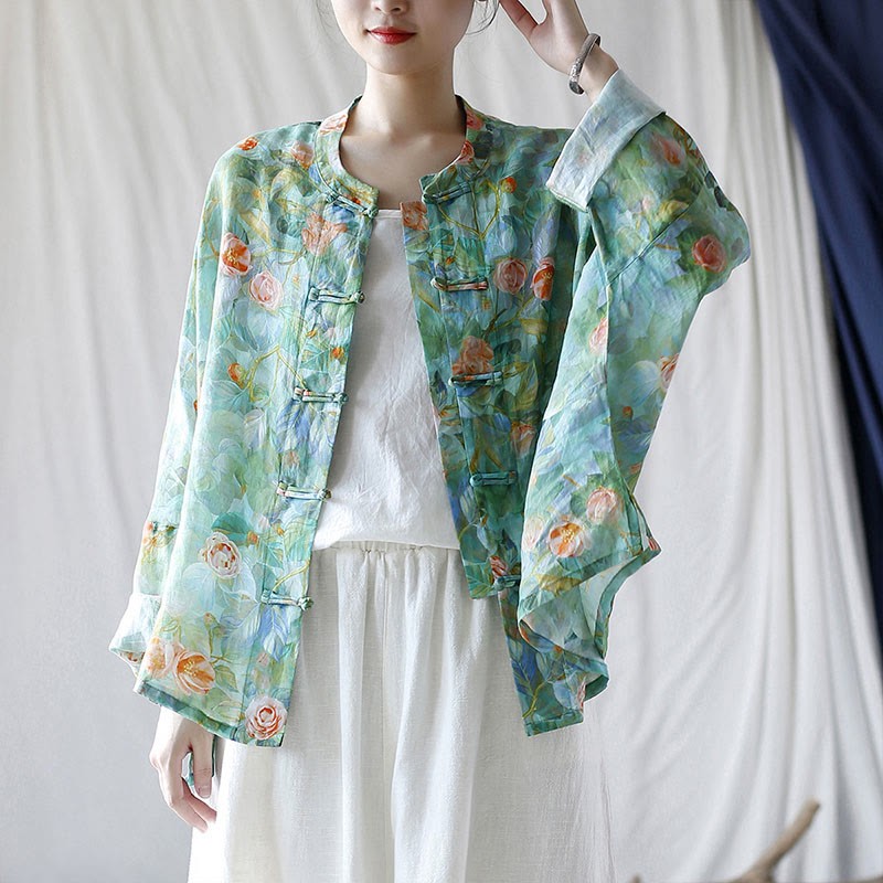Pink Flowers Green Leaves Print Frog-button Design Long Sleeve Ramie Linen Jacket Shirt