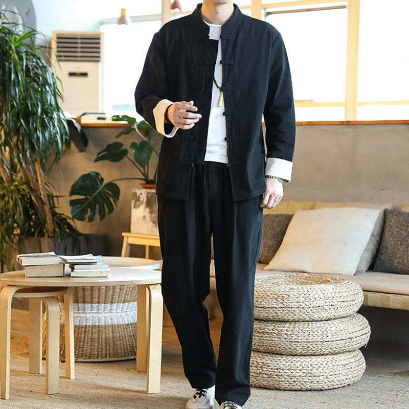 2Pcs Zen Tang Suit Men's Frog-Button Long Sleeve Shirt Pants Set With Pockets