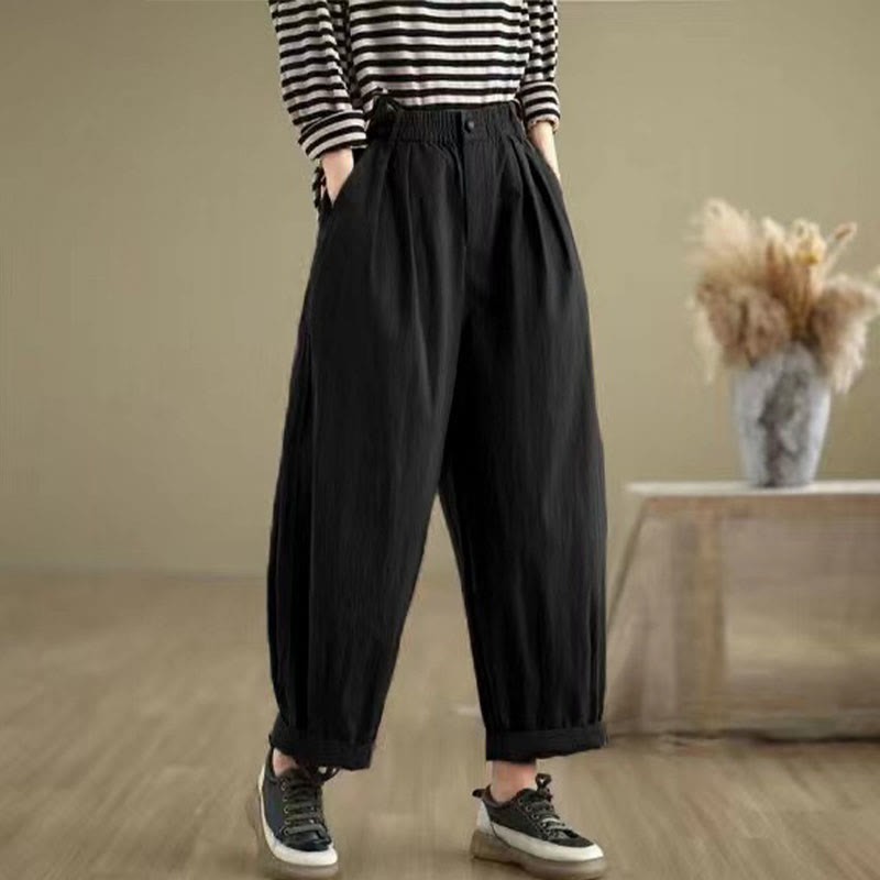 Casual Solid Color One Top Button Elastic Waistband Cotton Linen Women's Pants With Pockets
