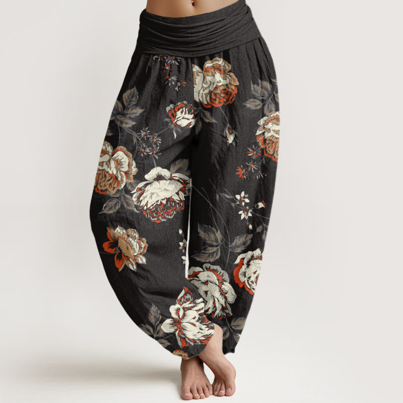 Casual Rose Leaf Pattern Women's Elastic Waist Harem Pants