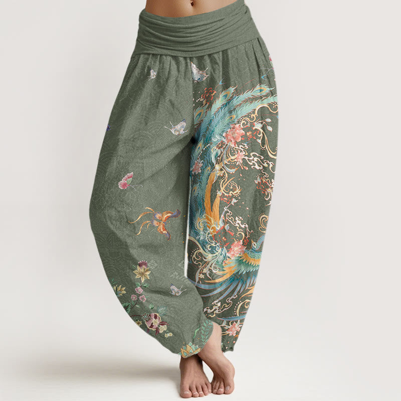 Casual Colorful Phoenix Butterfly Floral Pattern Women's Elastic Waist Harem Pants