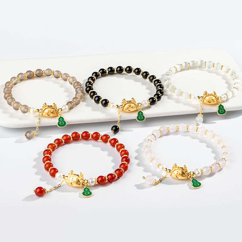 Year Of The Dragon Natural Red Agate Pink Crystal Black Onyx Dumpling Luck Fu Character Bracelet