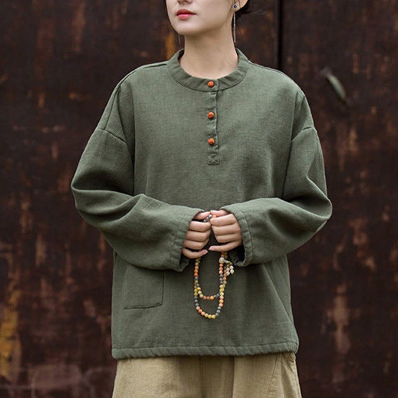Retro Solid Color Thermal Long Sleeve Ramie Linen Women's Shirt