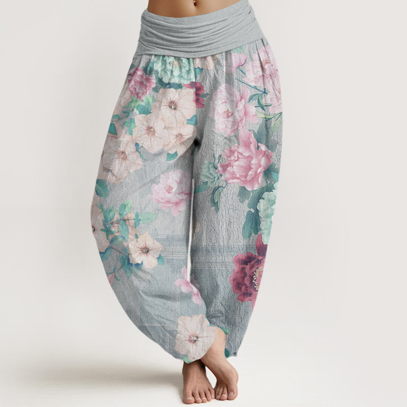 Casual Peony Flower Women's Elastic Waist Harem Pants