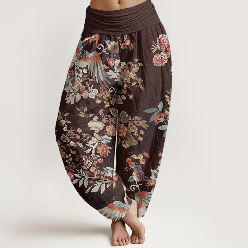 Colorful Flowers Birds Leaves Pattern Women's Elastic Waist Harem Pants