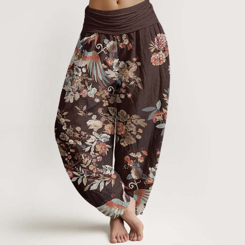Colorful Flowers Birds Leaves Pattern Women's Elastic Waist Harem Pants