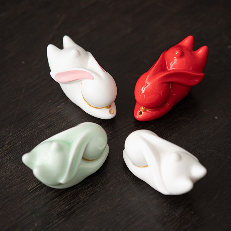 Flying Rabbit Bamboo Mat Healing Ceramic Incense Burner Desk Decoration
