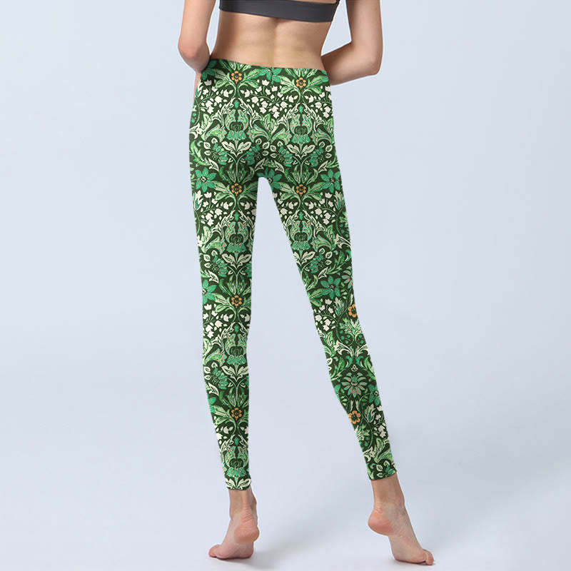 Green Stitching Symmetrical Flower Leaf Pattern Print Gym Leggings Women's Yoga Pants