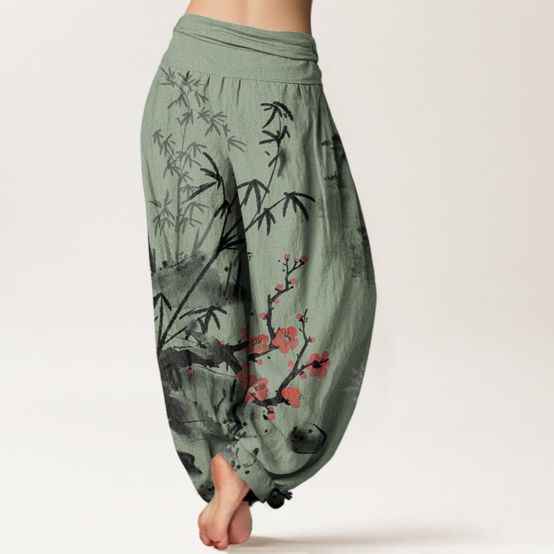 Plum Blossoms Bamboo Orchids Chrysanthemums Pattern Women's Elastic Waist Harem Pants