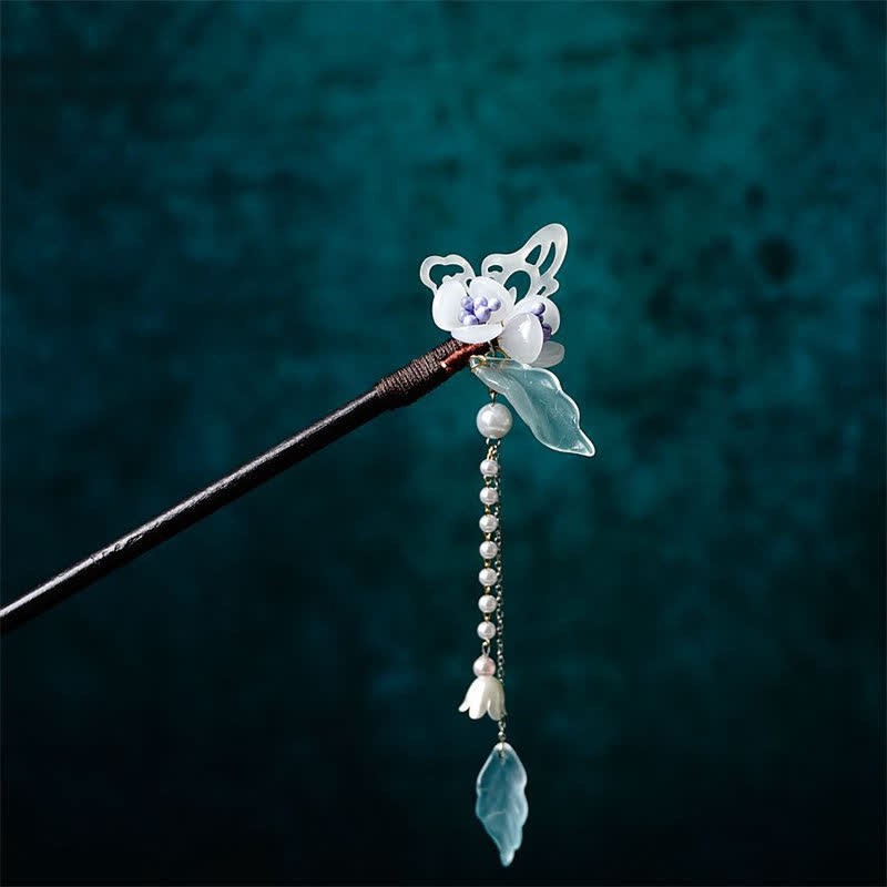 Pearl Flower Leaf Butterfly Happiness Hairpin