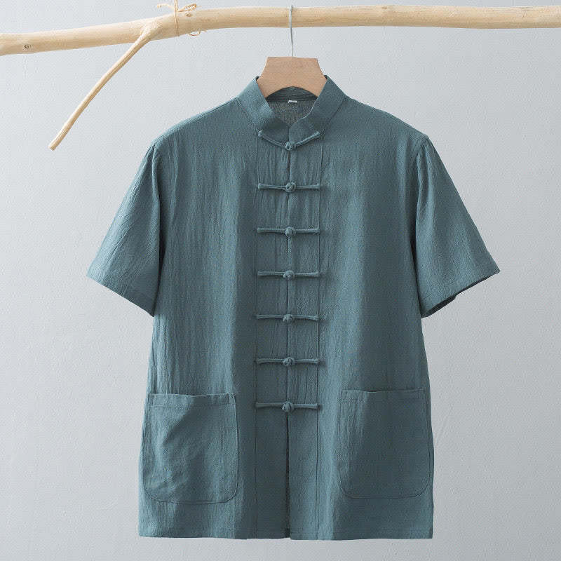 Chinese Frog-Button Tang Suit Men's Short Sleeve Shirt Cotton Linen Clothing With Pockets