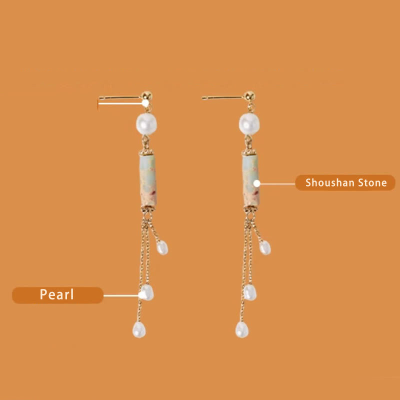 925 Sterling Silver Posts Shoushan Stone Pearl Healing Drop Earrings