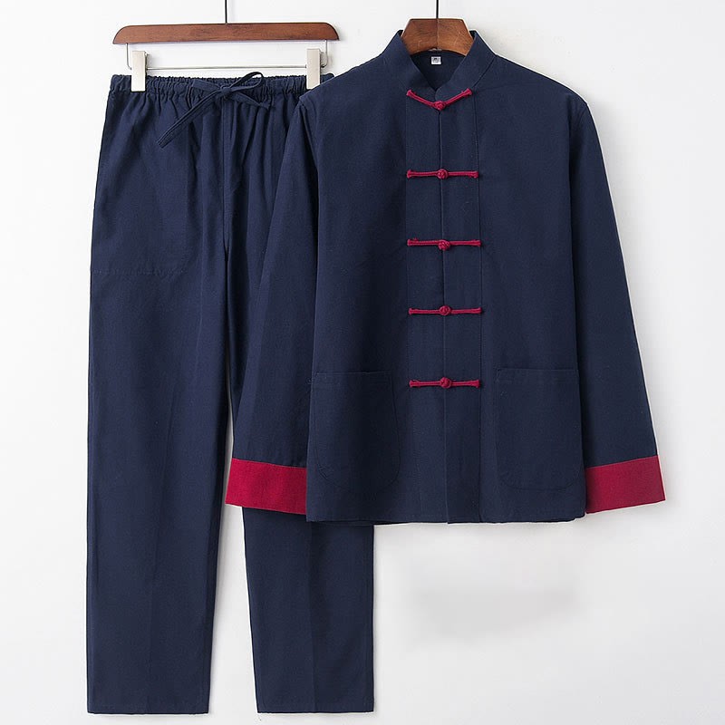 2Pcs Fall Men's Tang Suit Frog-Button Cotton Long Sleeve Shirt Pants Set
