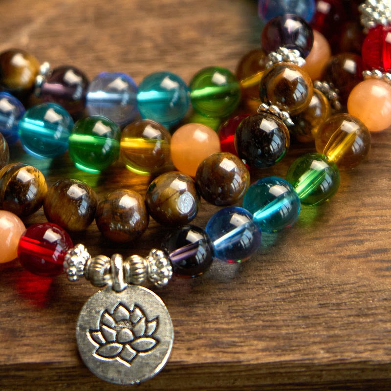 108 Mala Beads Natural Stone Tiger Eye Colored Beads Lotus Protection Bracelet