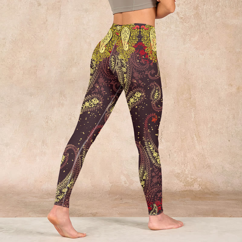 Reddish-brown Cashew Flower Vines Print Gym Leggings Women's Yoga Pants