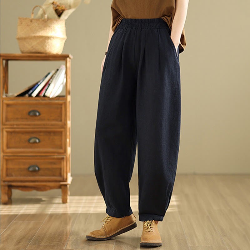 Casual Solid Color Tapered Elastic Waistband Cotton Linen Women's Pants With Pockets