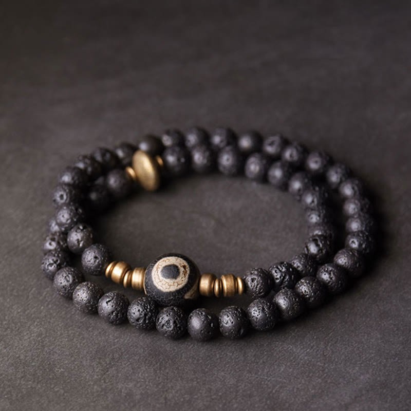 Vintage Lava Rock Three-eyed Dzi Bead Copper Brass Beads Double Wrap Healing Bracelet