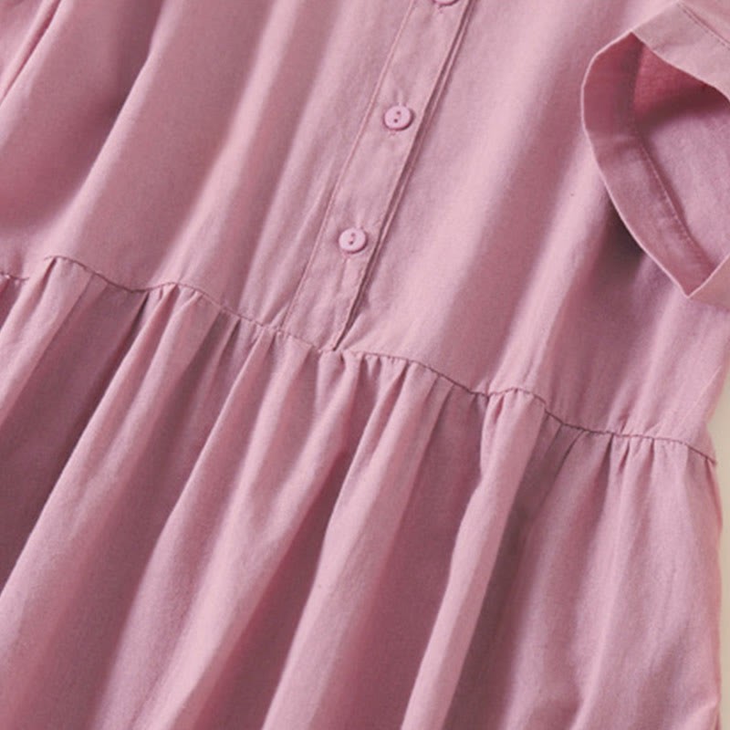 Summer Buttons Design Short Sleeve Cotton Linen Midi Dress With Pockets
