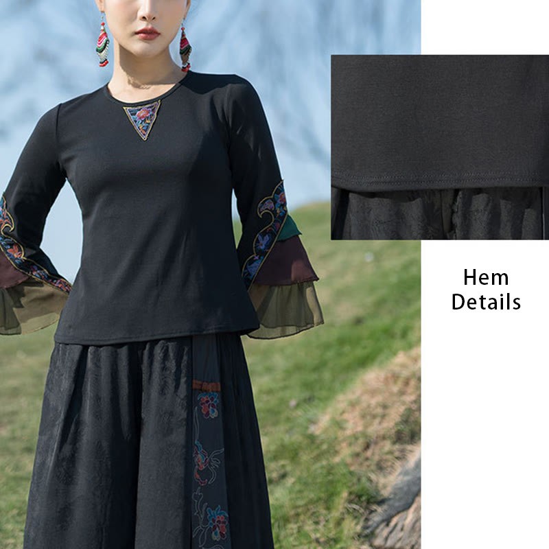 Embroidery Flower T-shirt Three Quarter Bell Flare Sleeves Cotton Top Tee