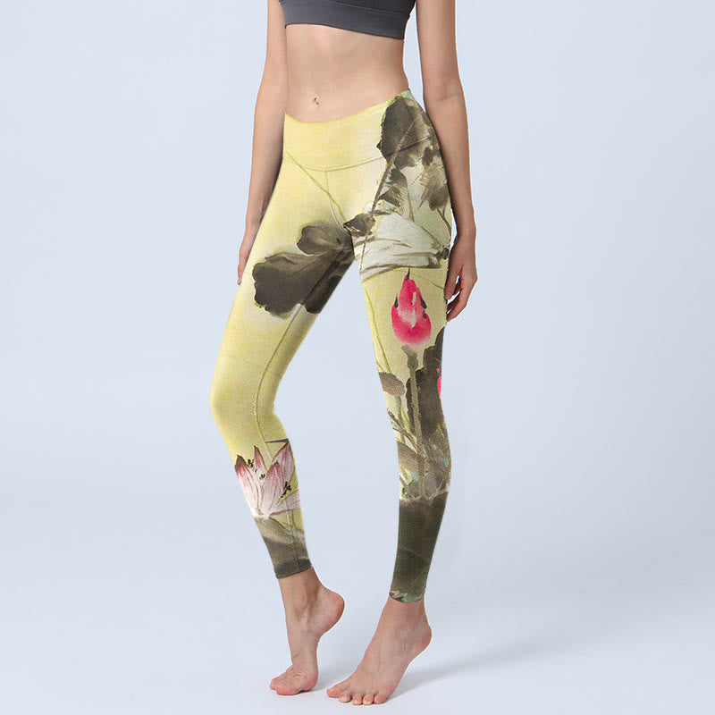 Pink Blooming And Unbloomed Lotus Print Gym Leggings Women's Yoga Pants