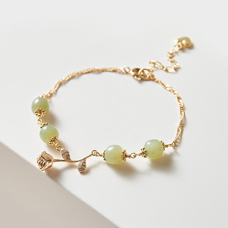 14K Gold Plated Hetian Jade Golden Rose Flower Luck Chain Bracelet