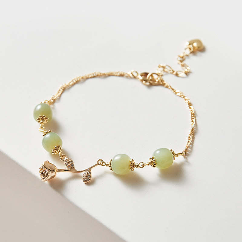 14K Gold Plated Hetian Jade Golden Rose Flower Luck Chain Bracelet