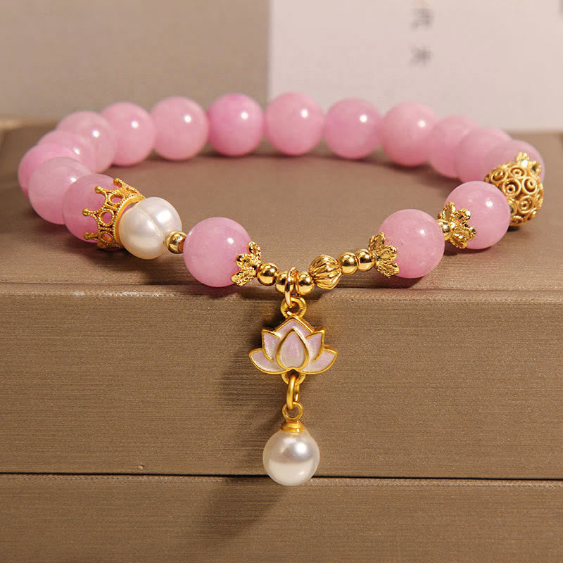 Pink Jade Pearl Lotus Charm Harmony Bracelet