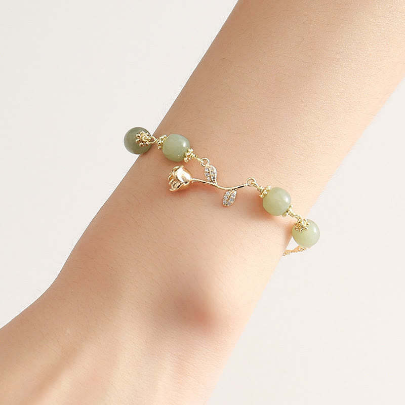 14K Gold Plated Hetian Jade Golden Rose Flower Luck Chain Bracelet