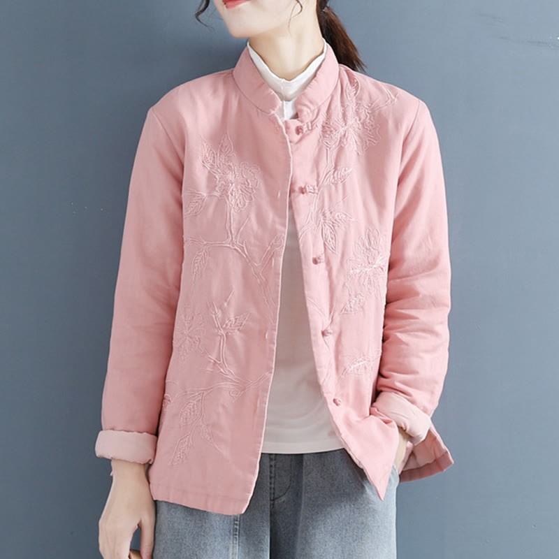 Retro Flower Design Thermal Long Sleeve Cotton Linen Women's Shirt