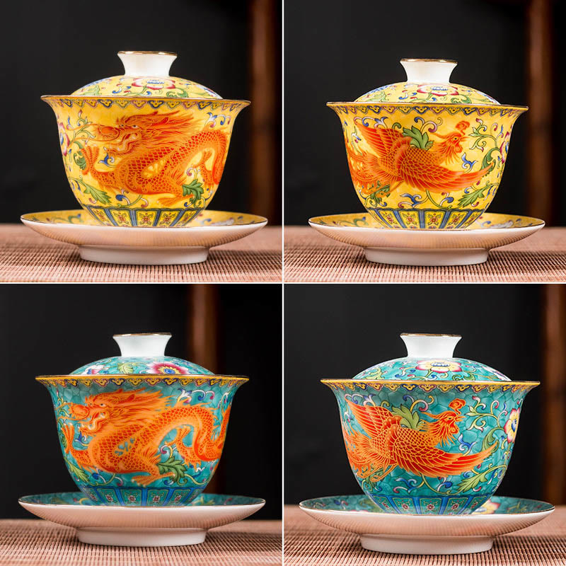 Dragon Phoenix Flower Design Ceramic Gaiwan Sancai Teacup Kung Fu Tea Cup And Saucer With Lid