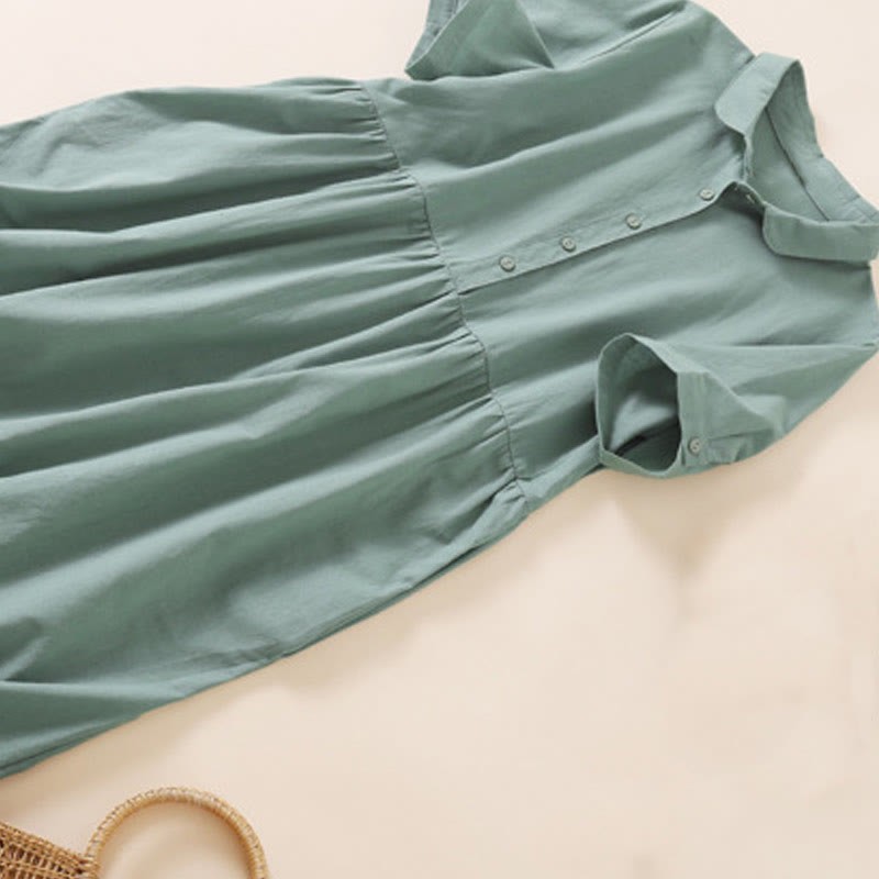 Summer Buttons Design Short Sleeve Cotton Linen Midi Dress With Pockets