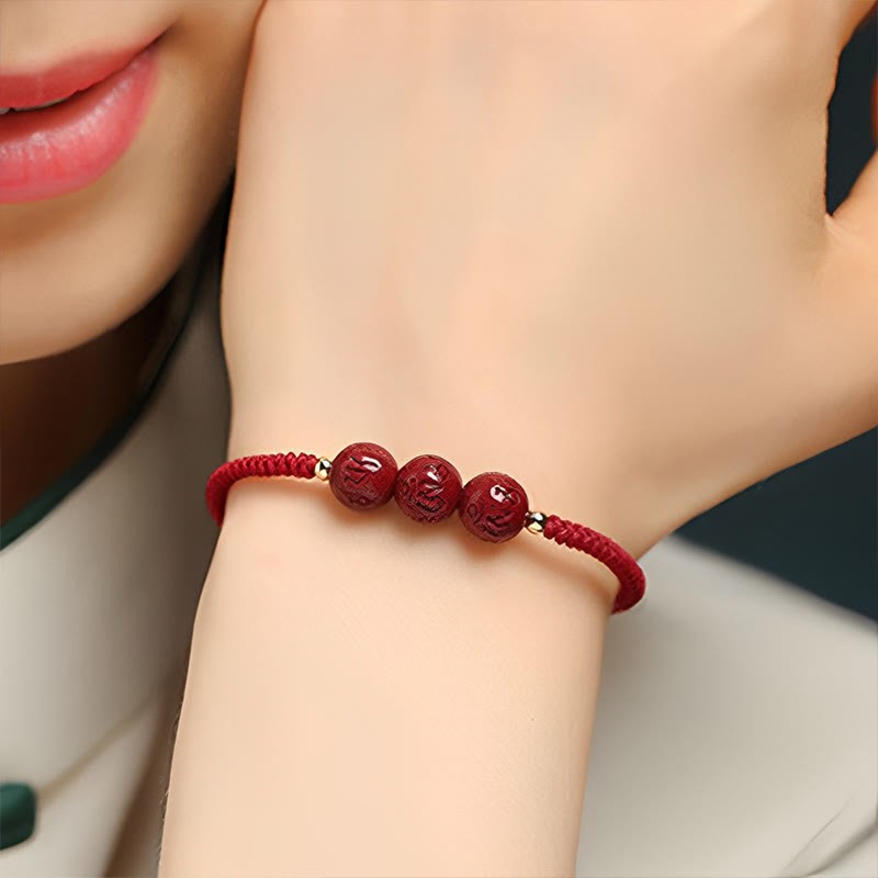 Handmade Cinnabar Om Mani Padme Hum Engraved Beads Blessing Braided Bracelet