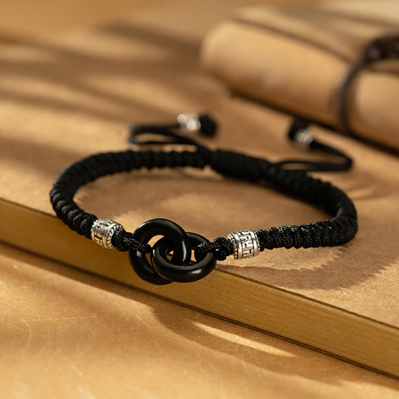 925 Sterling Silver Natural Hetian Black Jade Double Peace Buckle Swastika Symbol Luck Bracelet