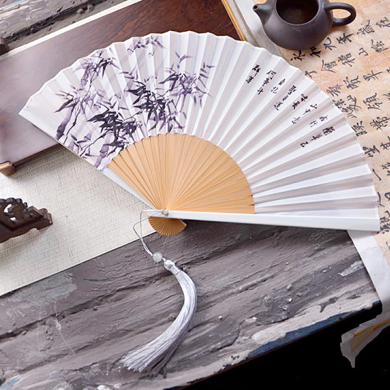 Chinese Characters Ink Painting Lotus Flower Leaf Landscape Handheld Huayao Crepe Polyester Bamboo Folding Fan 23.3cm