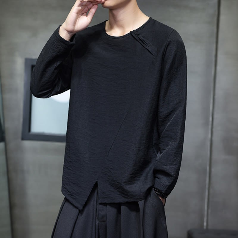 Fall Solid Round Neck Long Sleeve T-Shirt Cotton Men Clothing