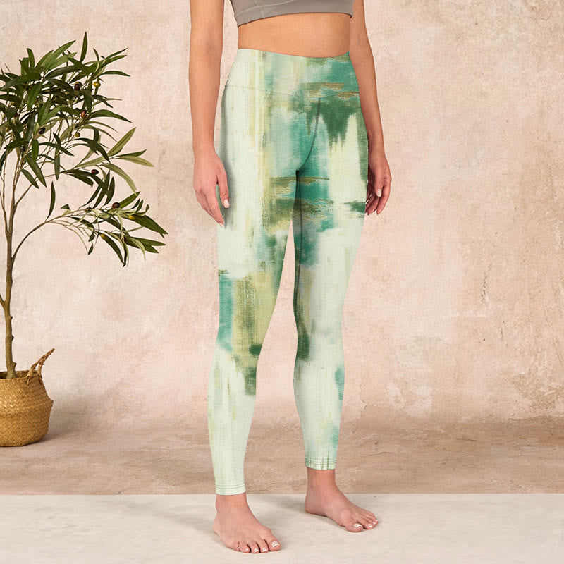 Beige Green Tie Dye Print Exercise Leggings Women's Yoga Pants