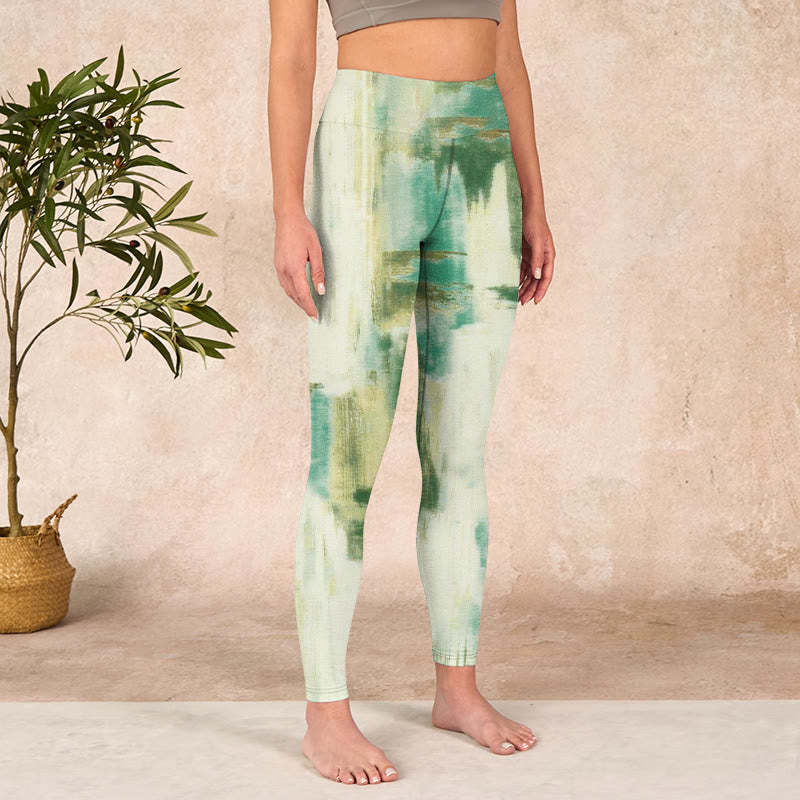 Beige Green Tie Dye Print Exercise Leggings Women's Yoga Pants