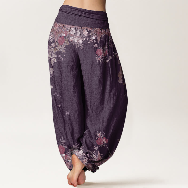 Casual Red Peony Flower Vine Design Women's Elastic Waist Harem Pants